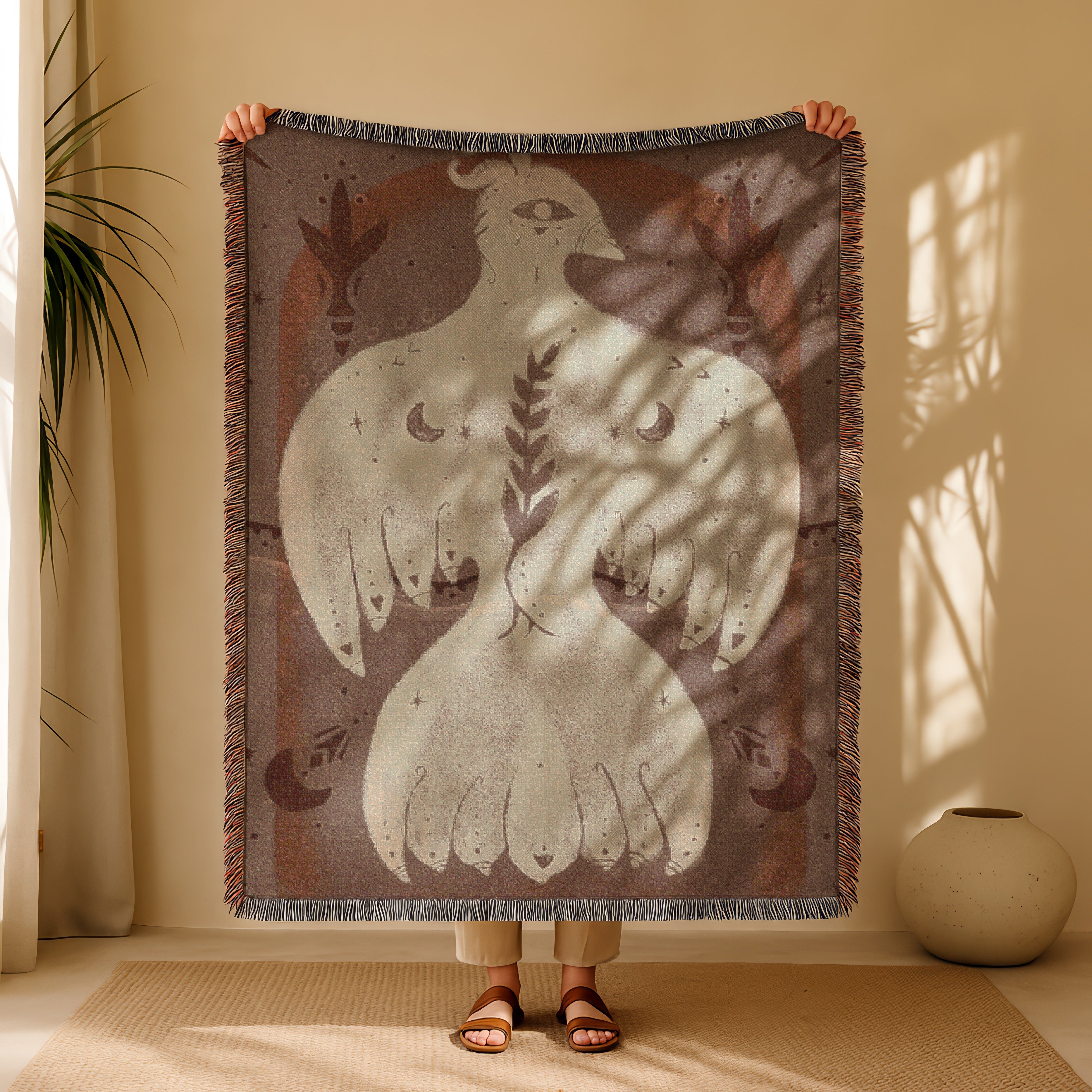 Mystical Bird Spirit Woven Blanket - Ethereal Art Throw with Eye Symbol, Moon Phases & Wings | Boho Tapestry for Sacred Spaces, light