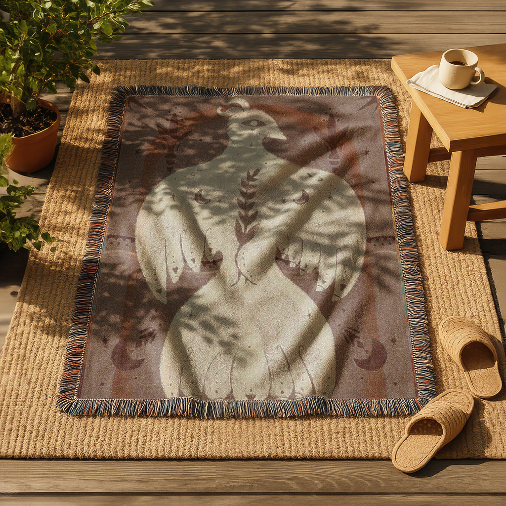 Mystical Bird Spirit Woven Blanket - Ethereal Art Throw with Eye Symbol, Moon Phases & Wings | Boho Tapestry for Sacred Spaces, light