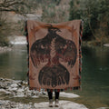 Mystical Bird Spirit Woven Blanket - Ethereal Art Throw with Eye Symbol, Moon Phases & Wings | Boho Tapestry for Sacred Spaces