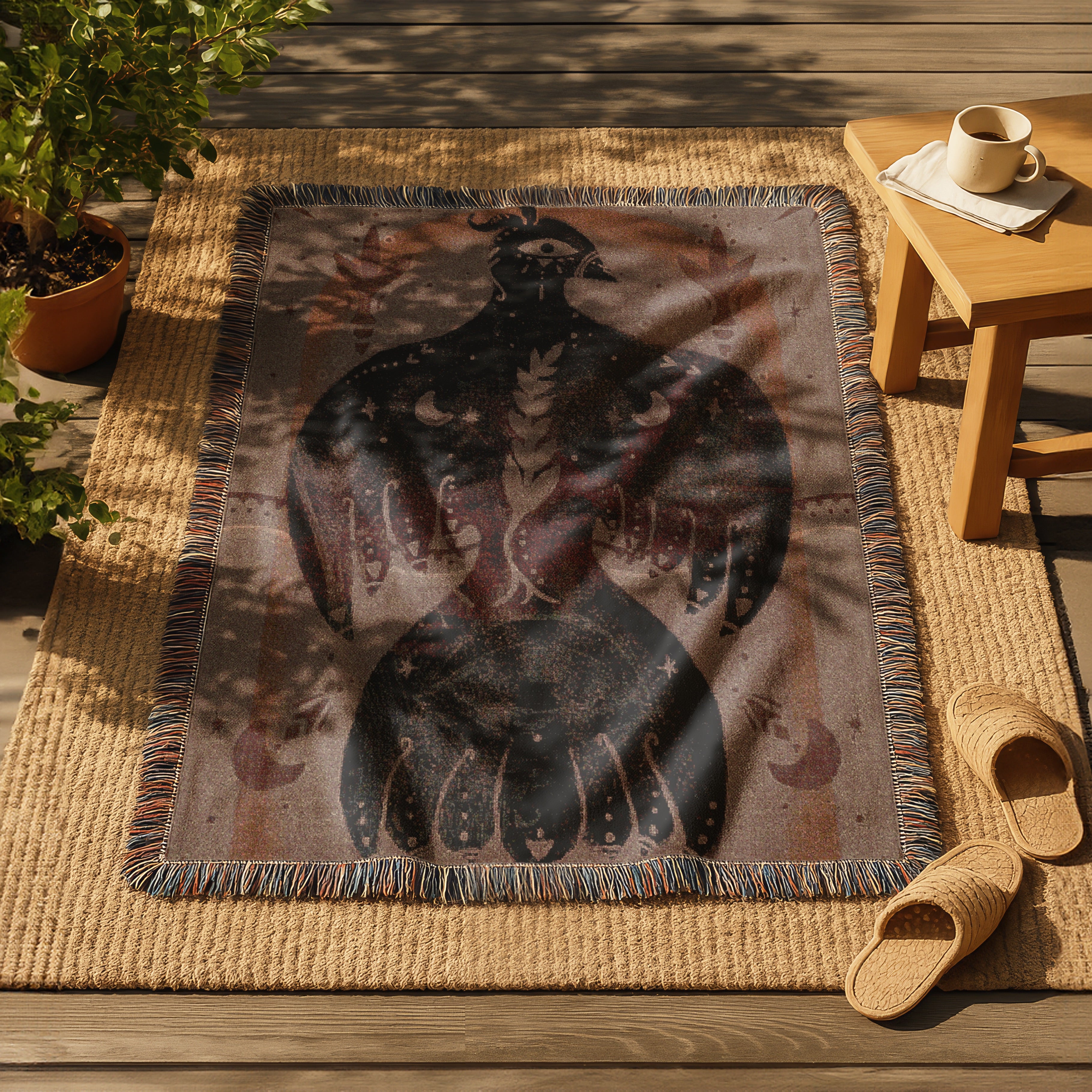 Mystical Bird Spirit Woven Blanket - Ethereal Art Throw with Eye Symbol, Moon Phases & Wings | Boho Tapestry for Sacred Spaces