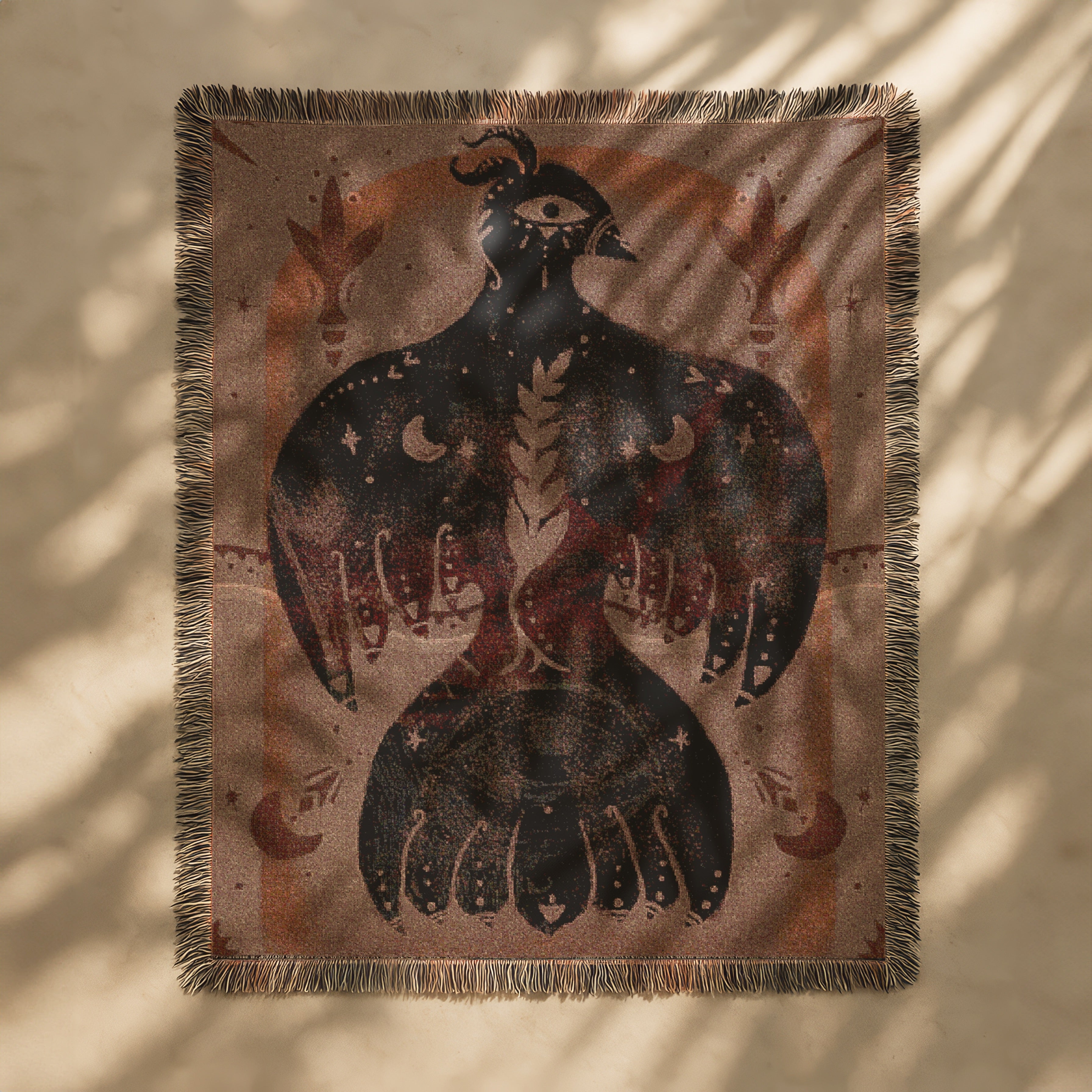Mystical Bird Spirit Woven Blanket - Ethereal Art Throw with Eye Symbol, Moon Phases & Wings | Boho Tapestry for Sacred Spaces