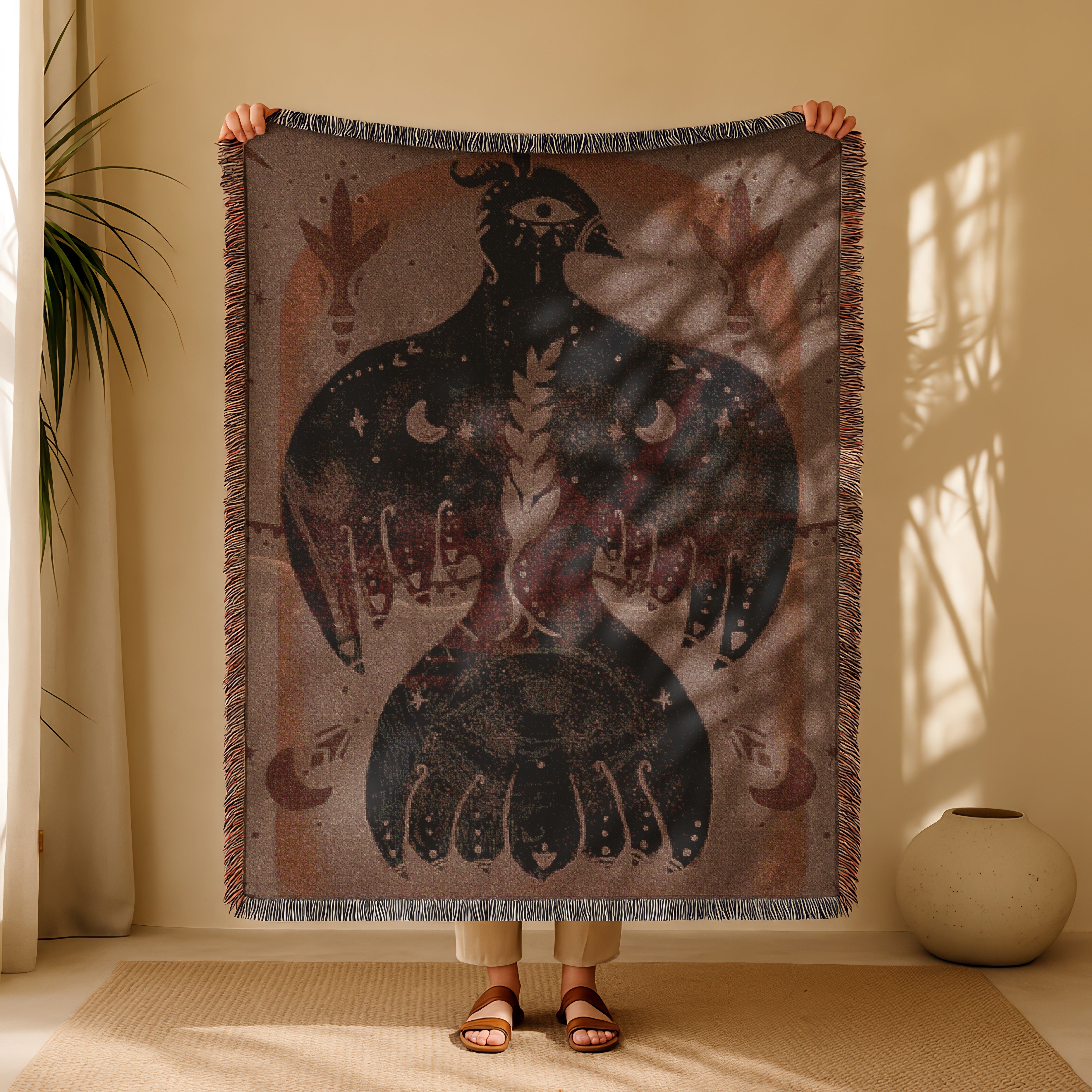Mystical Bird Spirit Woven Blanket - Ethereal Art Throw with Eye Symbol, Moon Phases & Wings | Boho Tapestry for Sacred Spaces