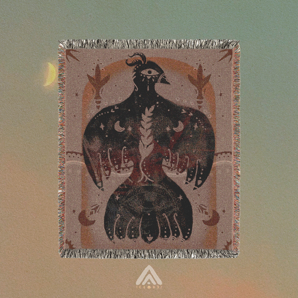 Mystical Bird Spirit Woven Blanket - Ethereal Art Throw with Eye Symbol, Moon Phases & Wings | Boho Tapestry for Sacred Spaces
