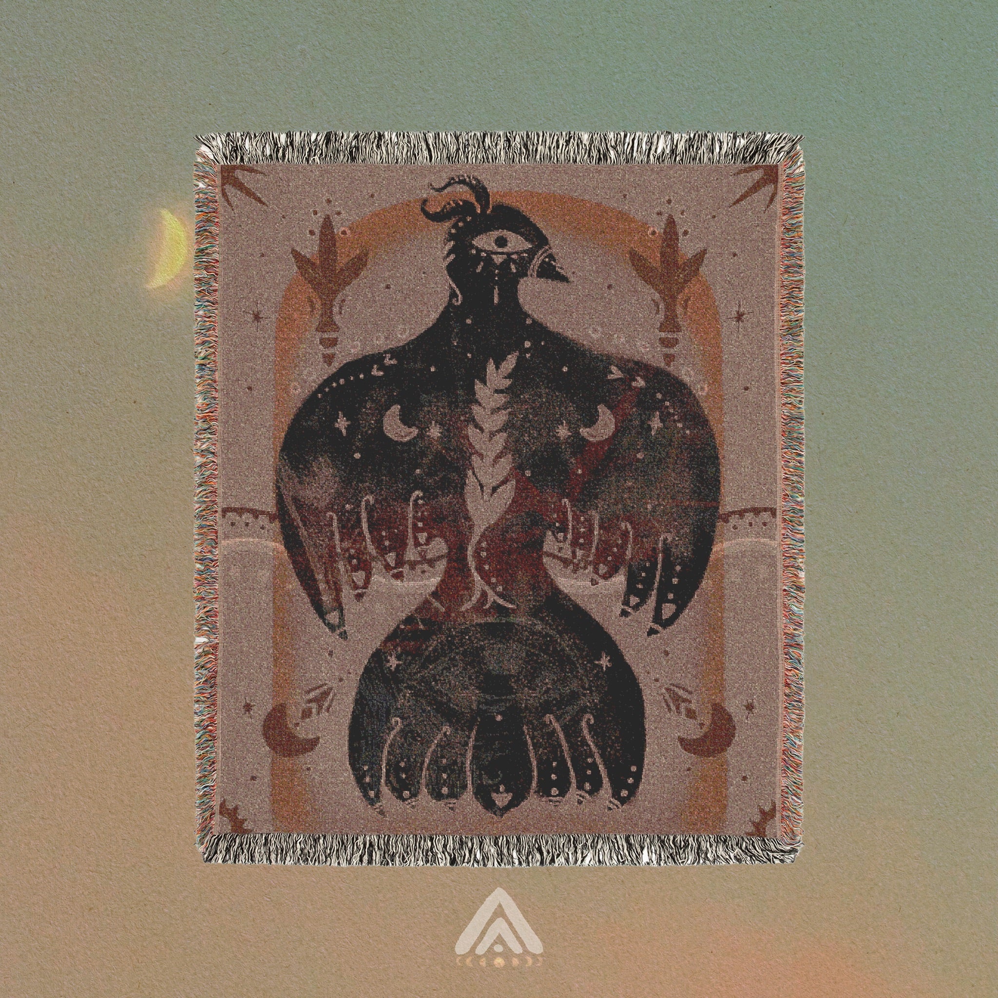 Mystical Bird Spirit Woven Blanket - Ethereal Art Throw with Eye Symbol, Moon Phases & Wings | Boho Tapestry for Sacred Spaces