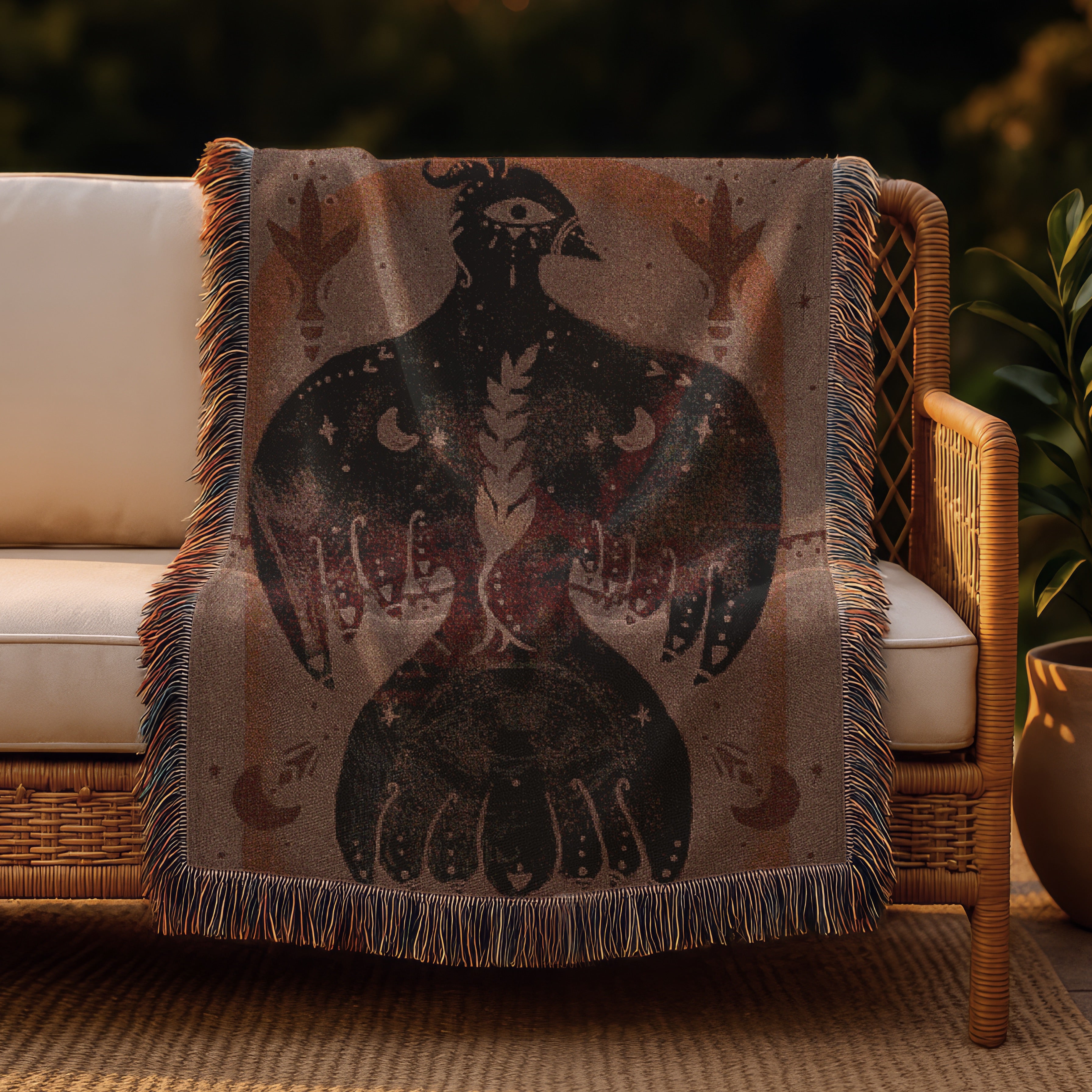 Mystical Bird Spirit Woven Blanket - Ethereal Art Throw with Eye Symbol, Moon Phases & Wings | Boho Tapestry for Sacred Spaces