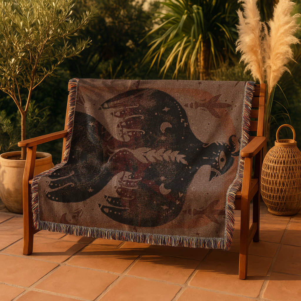 Mystical Bird Spirit Woven Blanket - Ethereal Art Throw with Eye Symbol, Moon Phases & Wings | Boho Tapestry for Sacred Spaces