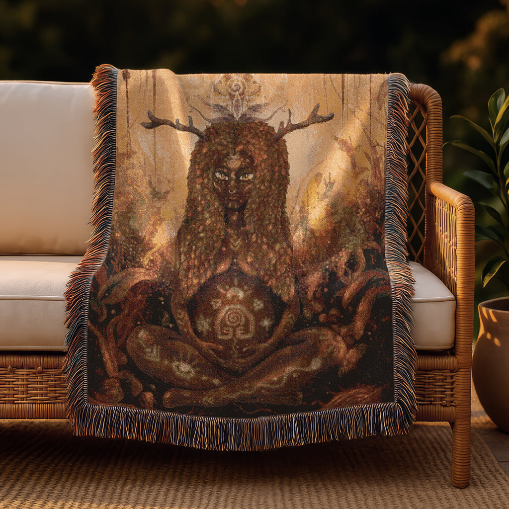 Goddess of the Wild Womb Blanket - Earthy Gaia Woman Art Tapestry - Nature Womb Symbol Blanket - Mystical Birth Spirit Gift